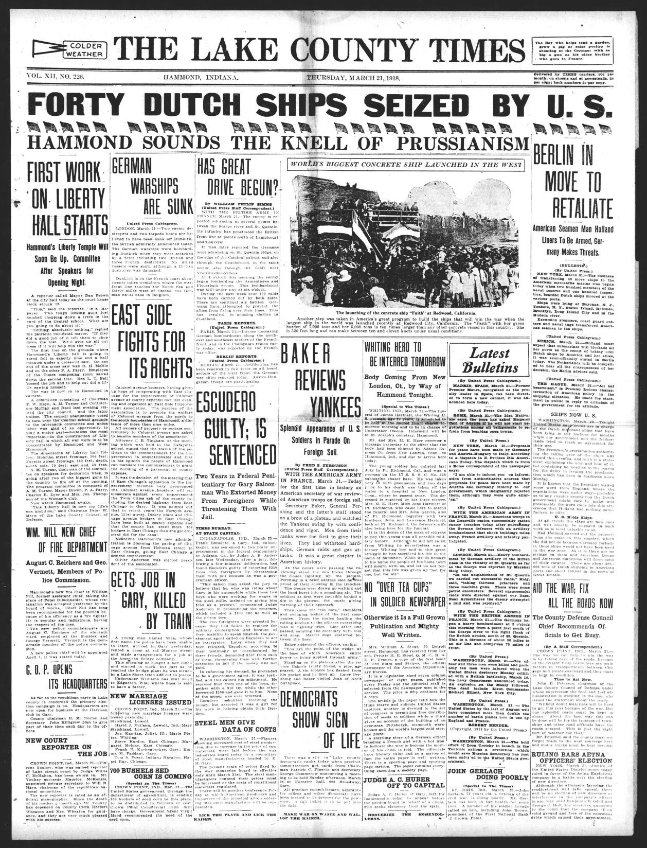 March 21, 1918: Hammond Sounds The Knell Of Prussianism